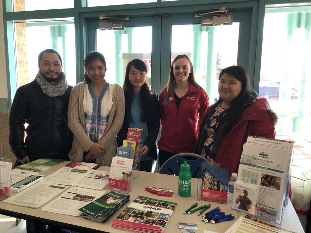 KOM along with WellShare International, HAP (Hmong American Partnership), and the American Lung Association in Minnesota tabling at the Job Resources Fair at the Mount Airy Community Center in January 2018
